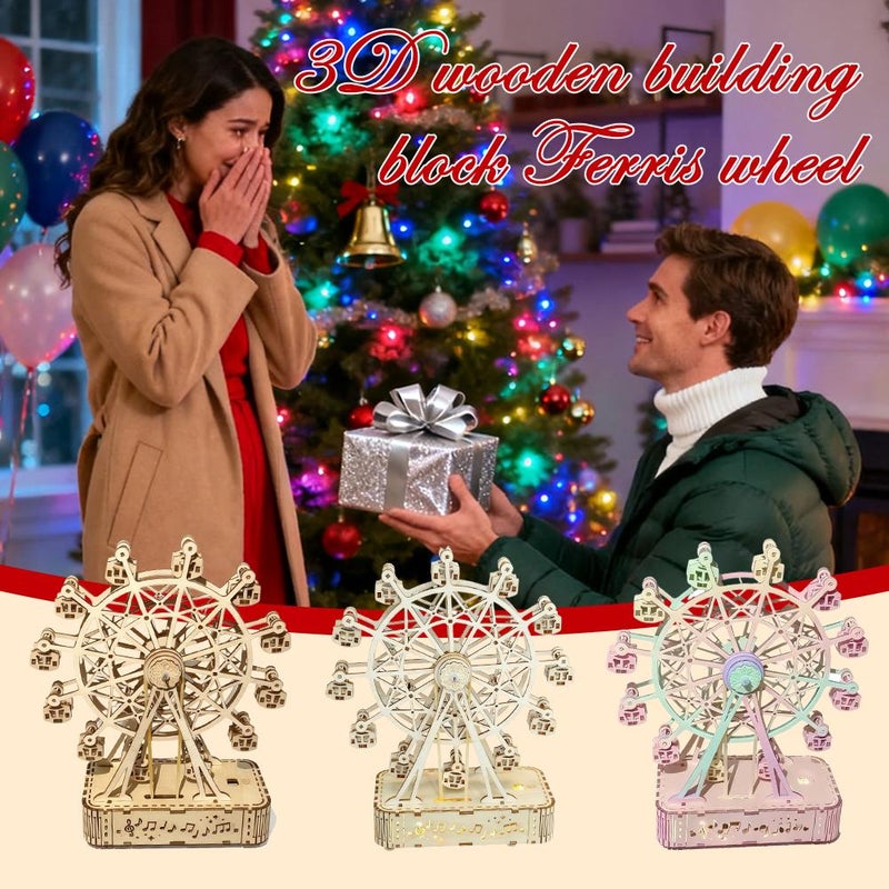 3D Wooden Puzzles for Adults And Teens,3D Wooden Ferris Wheel Music Box Adult DIY Model Kit ,DIY Assembly Musical Ferris Wheel Toy, Brain Teaser Puzzles for Thanksgiving & Christmas - Image 2